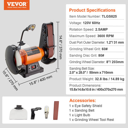 8 Inch Bench Grinder with 2 x28 Inch Belt Sander Combo, Bench Grinder Sander with 2.5A Induction Motor for Metalworking Sharpening Grinding