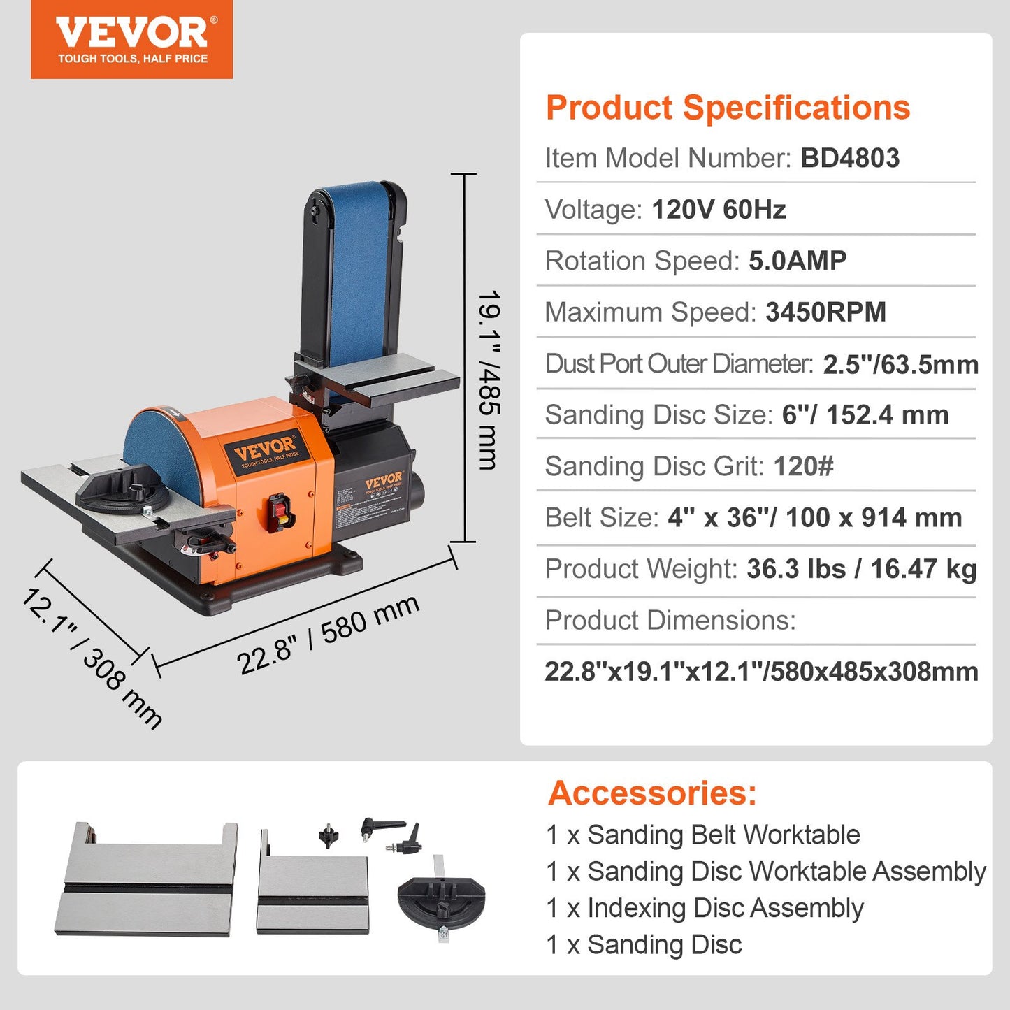 Professional Belt Sander, 6" Disc Sander and 4 x 36 in. Belt Sander with 5A Induction Motor Cast Aluminum Worktable for Woodworking, Metalworking
