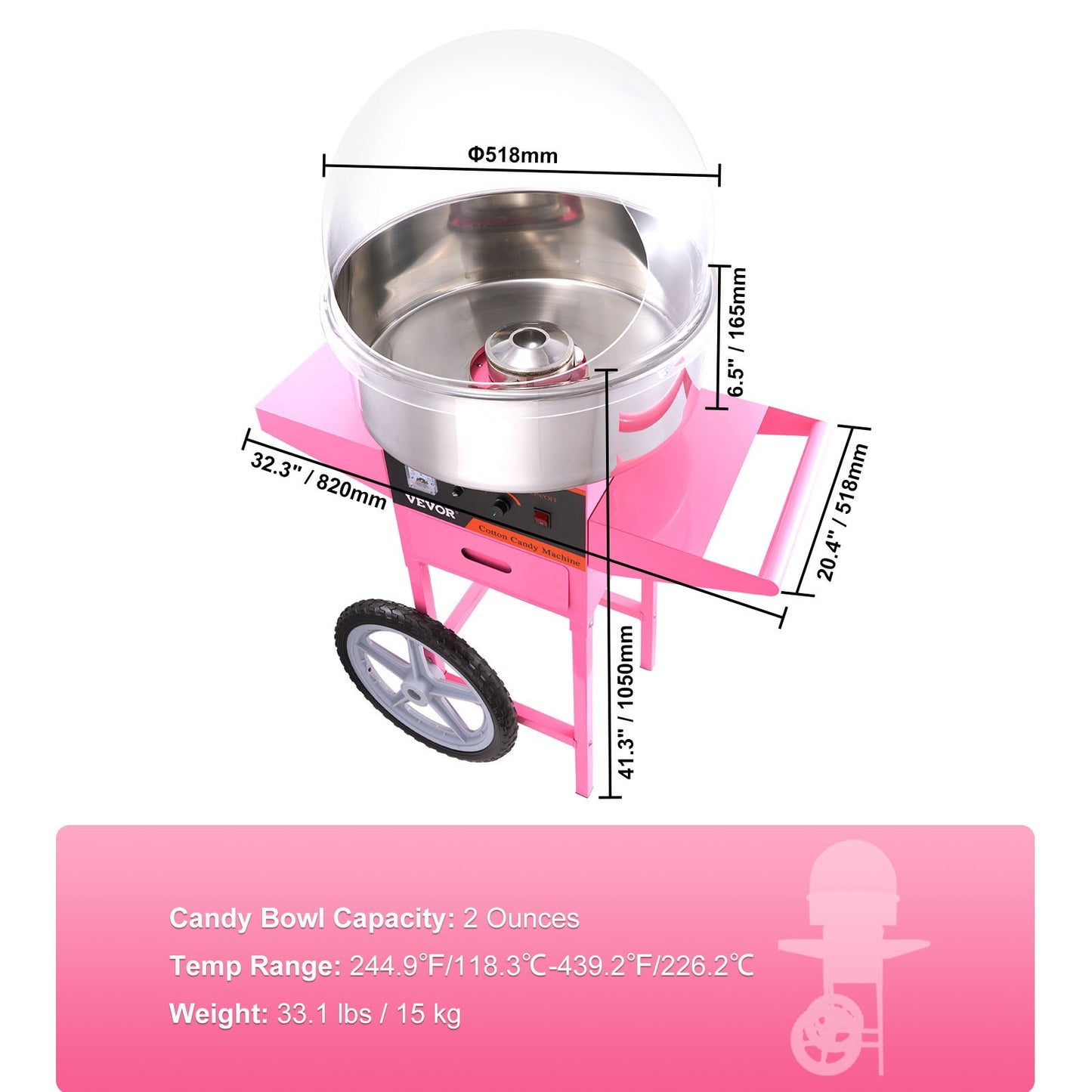 Electric Cotton Candy Machine Cart with Bubble Cover Shield, 1000W Commercial Floss Maker with Stainless Steel Bowl, Sugar Scoop and Drawer, Perfect for Home, Kids Birthday, Family Party, Pink