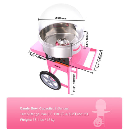 Electric Cotton Candy Machine Cart with Bubble Cover Shield, 1000W Commercial Floss Maker with Stainless Steel Bowl, Sugar Scoop and Drawer, Perfect for Home, Kids Birthday, Family Party, Pink