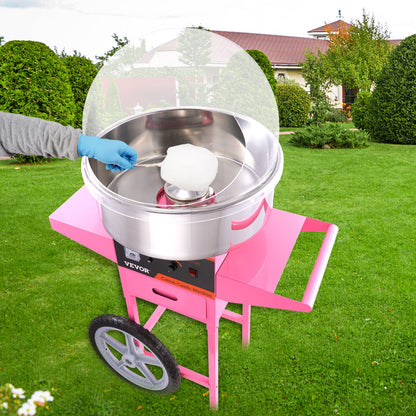 Electric Cotton Candy Machine Cart with Bubble Cover Shield, 1000W Commercial Floss Maker with Stainless Steel Bowl, Sugar Scoop and Drawer, Perfect for Home, Kids Birthday, Family Party, Pink