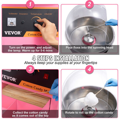 Electric Cotton Candy Machine, 1000W Candy Floss Maker, Commercial Cotton Candy Machine with Stainless Steel Bowl, Sugar Scoop, and Cover, Perfect for Home Kids Birthday, Family Party Pink