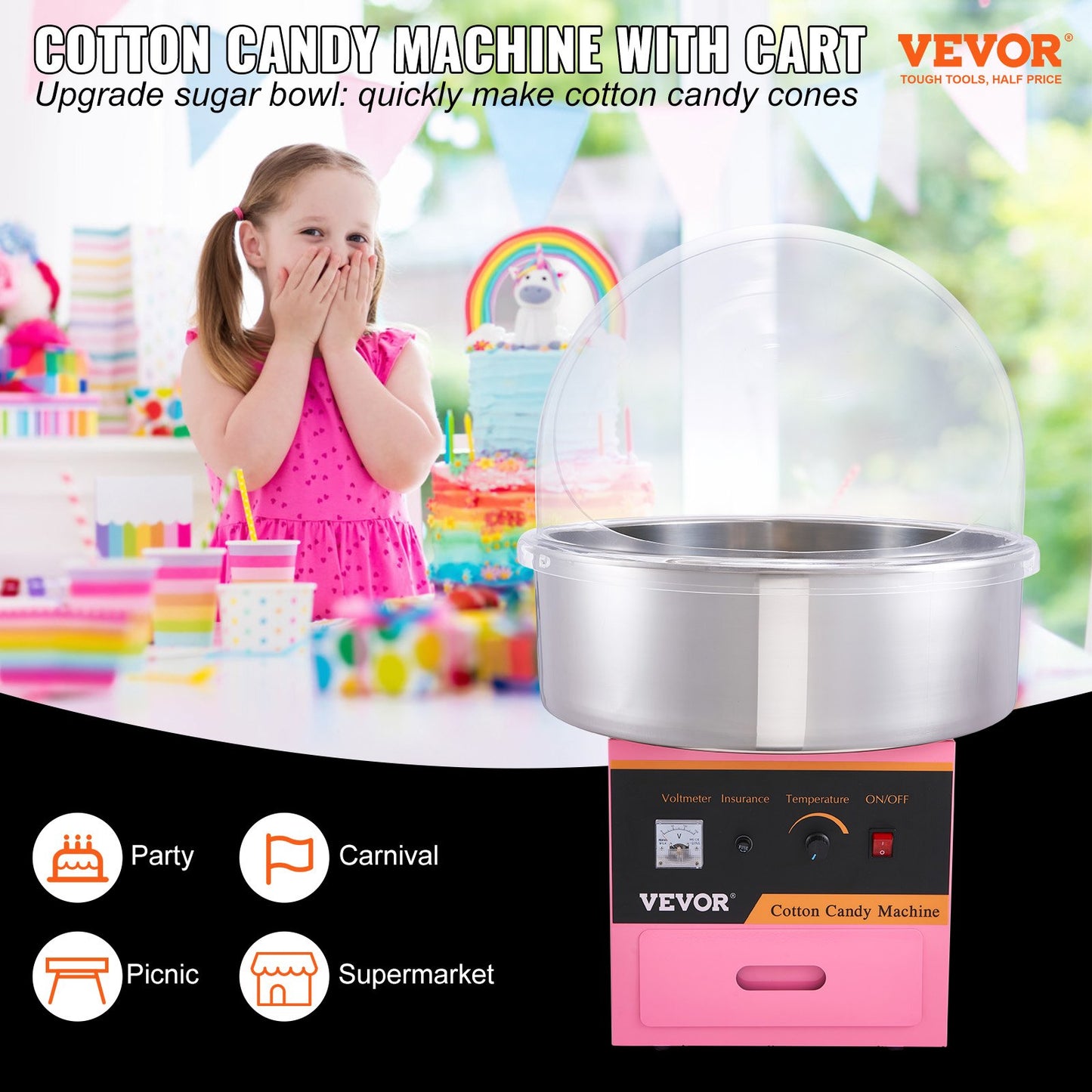 Electric Cotton Candy Machine, 1000W Candy Floss Maker, Commercial Cotton Candy Machine with Stainless Steel Bowl, Sugar Scoop, and Cover, Perfect for Home Kids Birthday, Family Party Pink