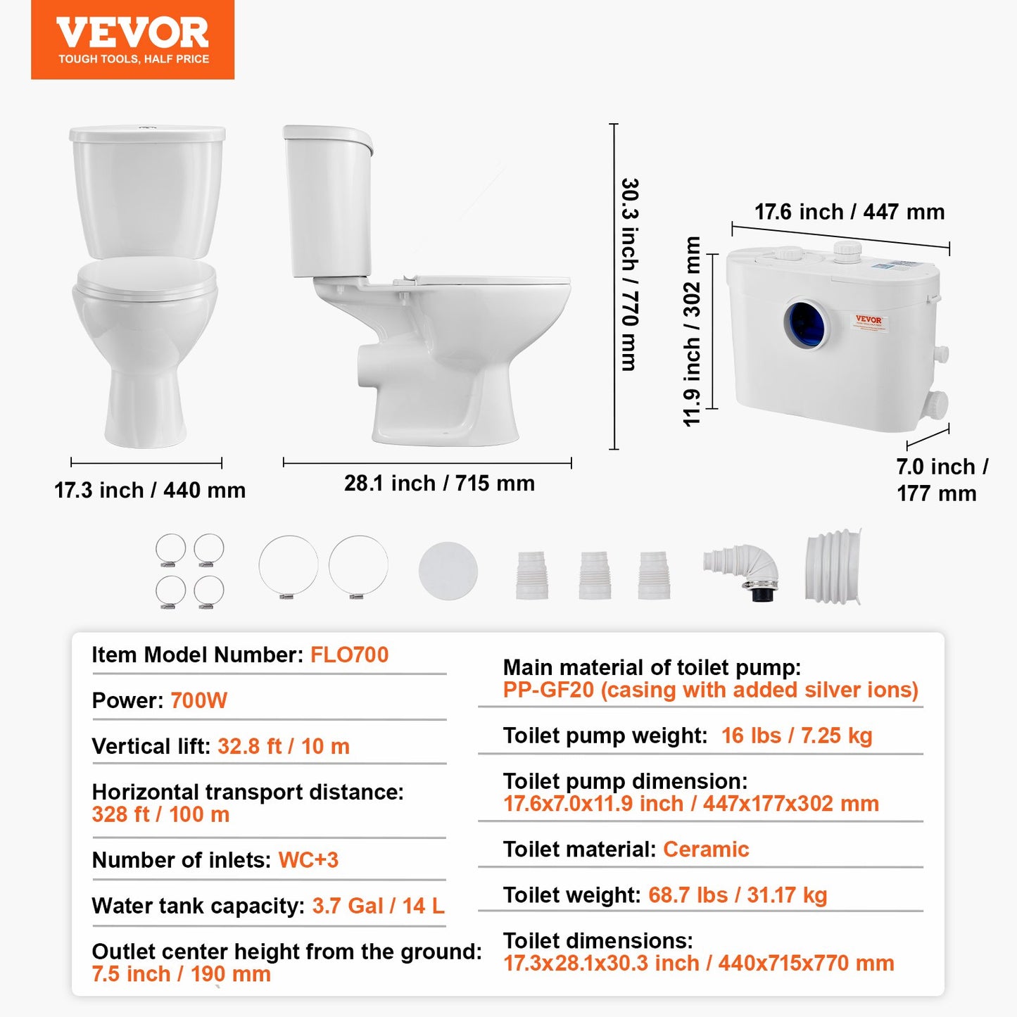 Macerating Toilet System with Powerful 700W Macerator Pump, Rear Discharge and Upflush Toilet For Basement, Dual Flush Water Disposal, Macerating Toilet System Kit with 3-Inlet, Space Saving