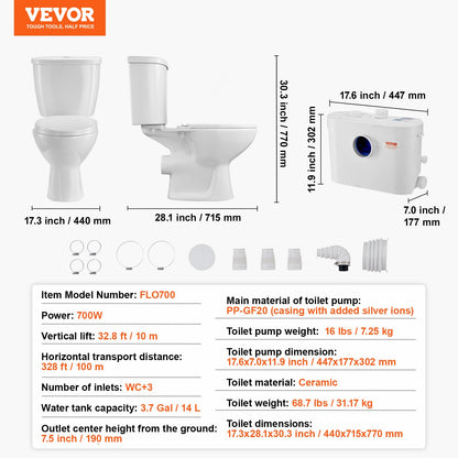 Macerating Toilet System with Powerful 700W Macerator Pump, Rear Discharge and Upflush Toilet For Basement, Dual Flush Water Disposal, Macerating Toilet System Kit with 3-Inlet, Space Saving