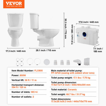 Zerhackertoilettensystem mit 800-W-Pumpe, Upflush-Toilette für den Keller