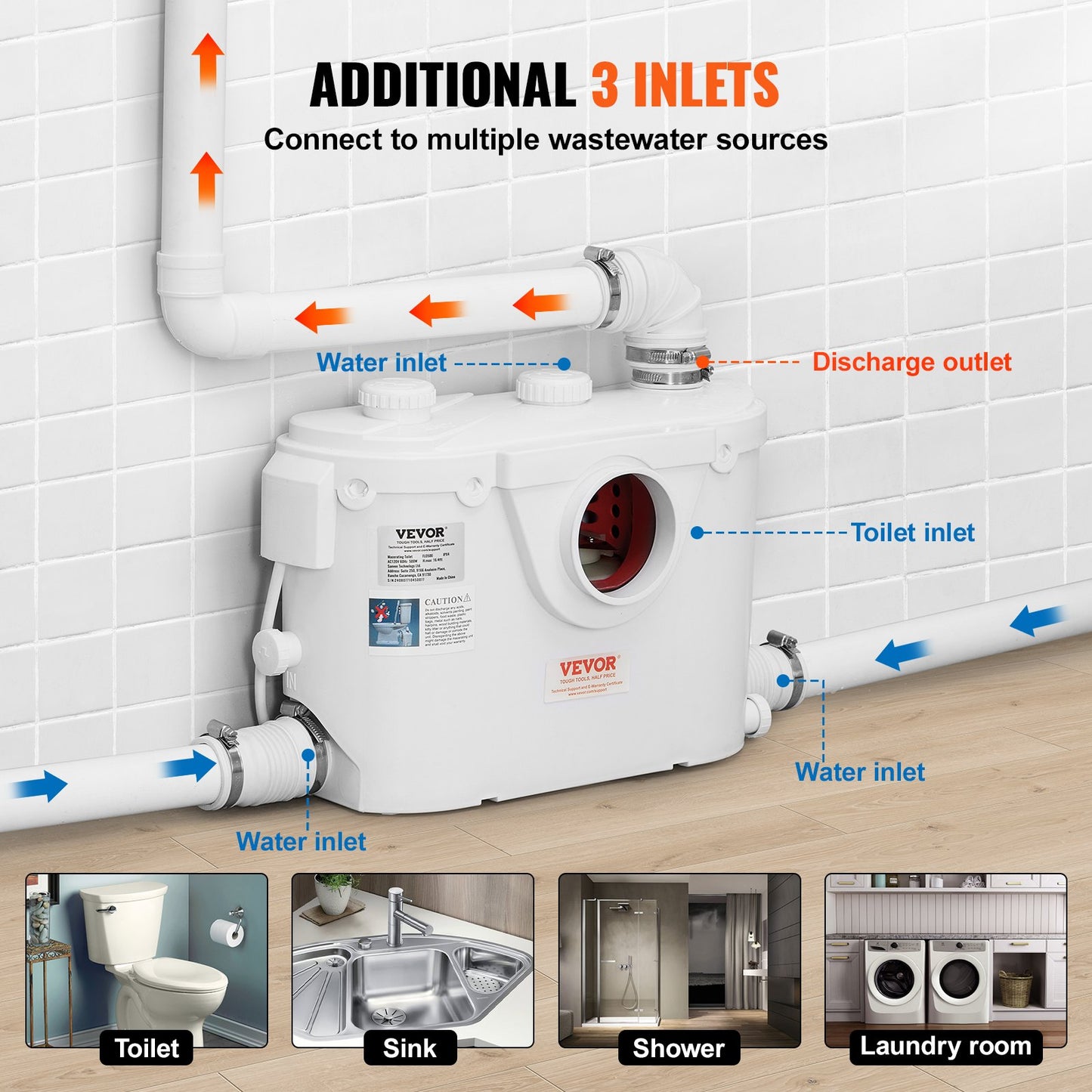 Zerhackertoilettensystem mit 500-W-Pumpe, Upflush-Toilette für den Keller