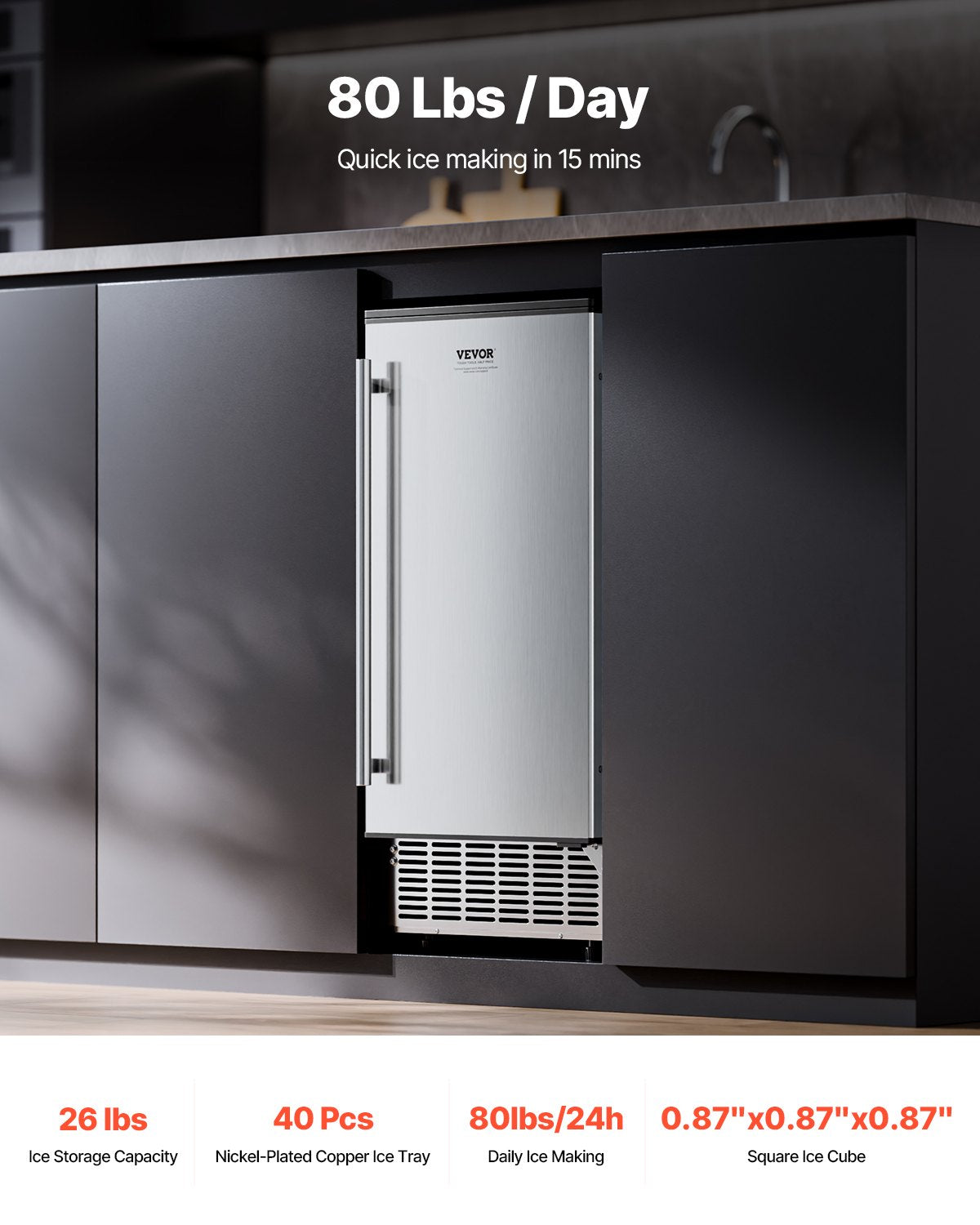 Unterbau-Eismaschine, 80 Pfund/Tag, mit Ablaufpumpe, umkehrbare Tür