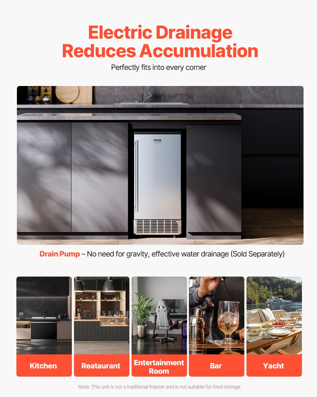 Unterbau-Eismaschine, 80 Pfund/Tag, mit Ablaufpumpe, umkehrbare Tür