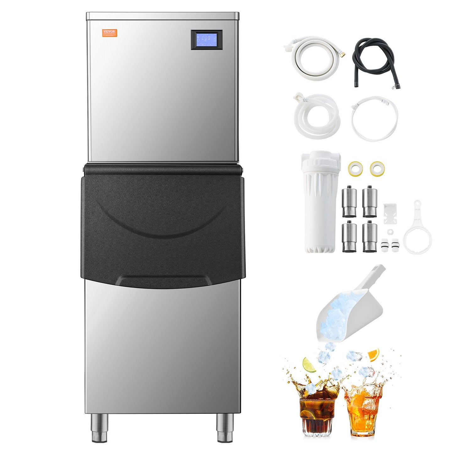 Commercial Ice Machine 360LBS/24H &amp; 250LBS Storage Bin Automatic Self-Cleaning