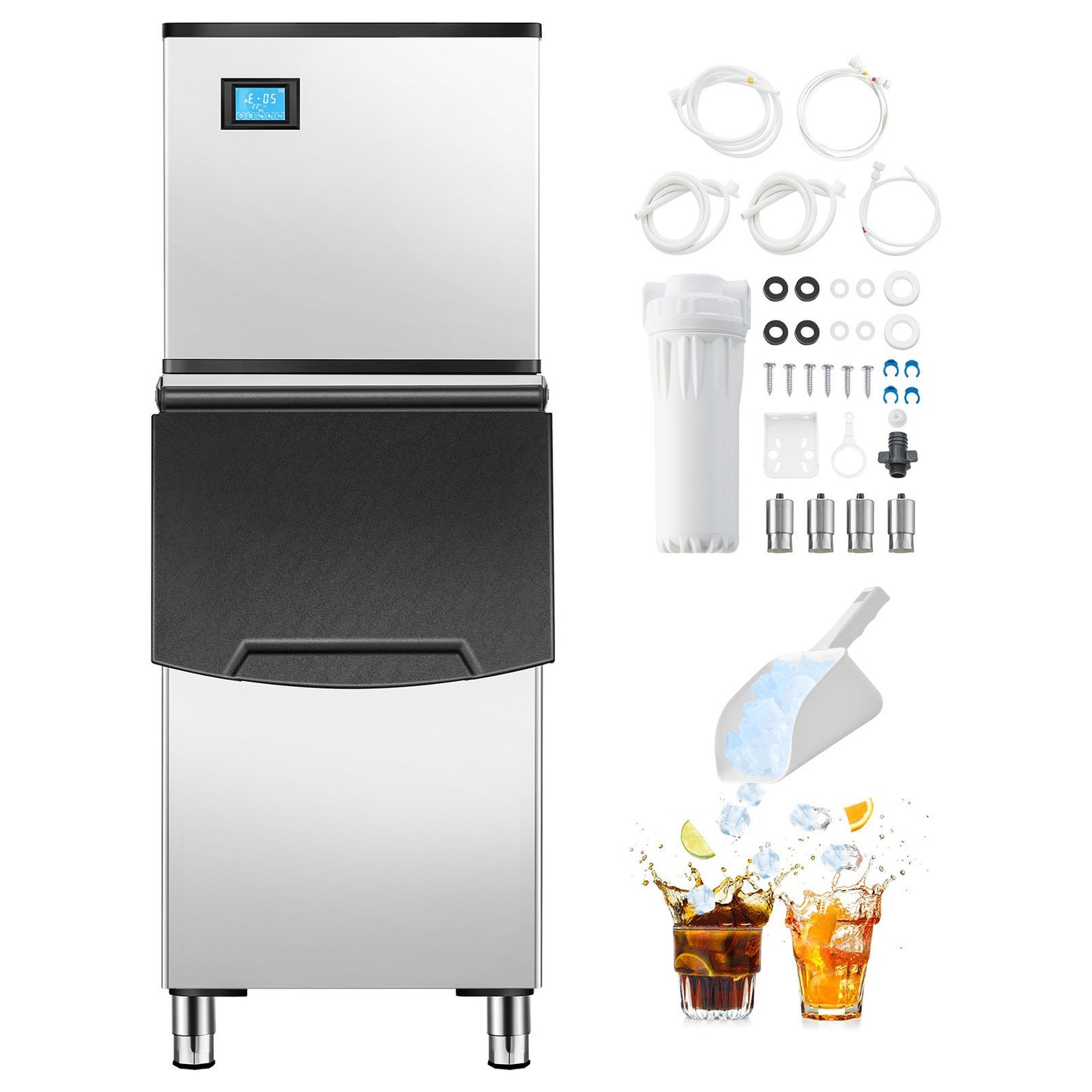 Commercial Ice Machine 500LBS/24H &amp; 250LBS Storage Bin Automatic Self-Cleaning