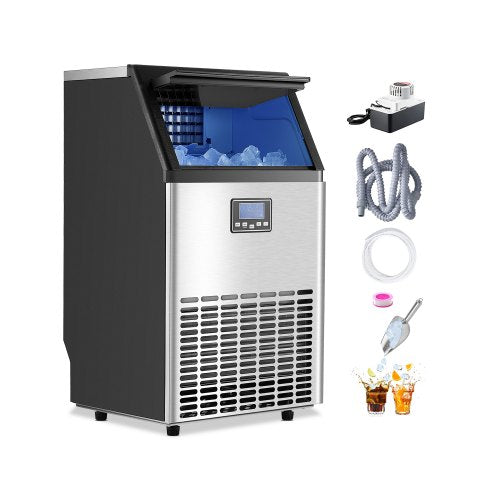 100lbs/24H Commercial Ice Maker Machine, 33lbs Storage Capacity Ice Maker with Drain Pump, 45 Ice Cubes in 15 Minutes, LED Digital Display Freestanding Self-Cleaning for Bar Office Restaurant