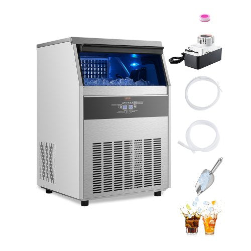 160lbs/24H Commercial Ice Maker Machine, 66lbs Storage Capacity Ice Maker with Drain Pump, 80 Ice Cubes in 15 Minutes, LED Digital Display Freestanding Self-Cleaning for Bar Office Restaurant