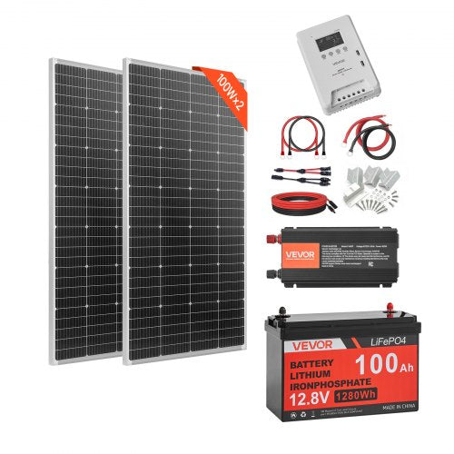 400W 12V Complete Solar Power Kit, 2PCS 200W Monocrystalline Solar Panels + 12.8V 100Ah LiFePO₄ Battery + 40A MPPT Charge Controller + 1000W Power Inverter for RV Home Camping Boats Off-Grid