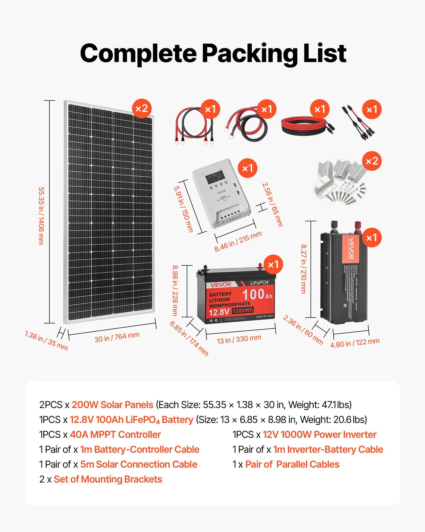400W 12V Complete Solar Power Kit, 2PCS 200W Monocrystalline Solar Panels + 12.8V 100Ah LiFePO₄ Battery + 40A MPPT Charge Controller + 1000W Power Inverter for RV Home Camping Boats Off-Grid