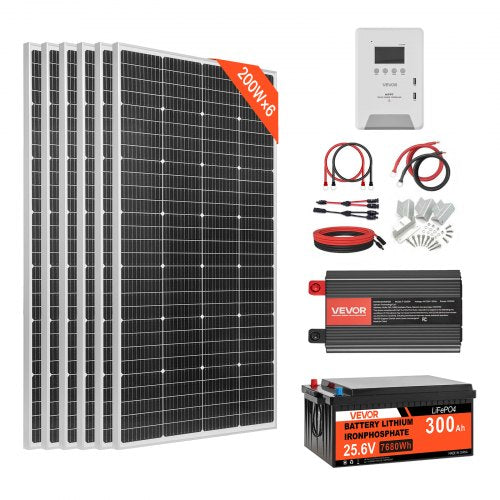 1200W 24V Complete Solar Power Kit, 6*200W Monocrystalline Panels + 25.6V 300Ah LiFePO₄ Battery + 60A MPPT Charge Controller + 3KW Power Inverter, High Output Solar Kit for Large House Shed Farm