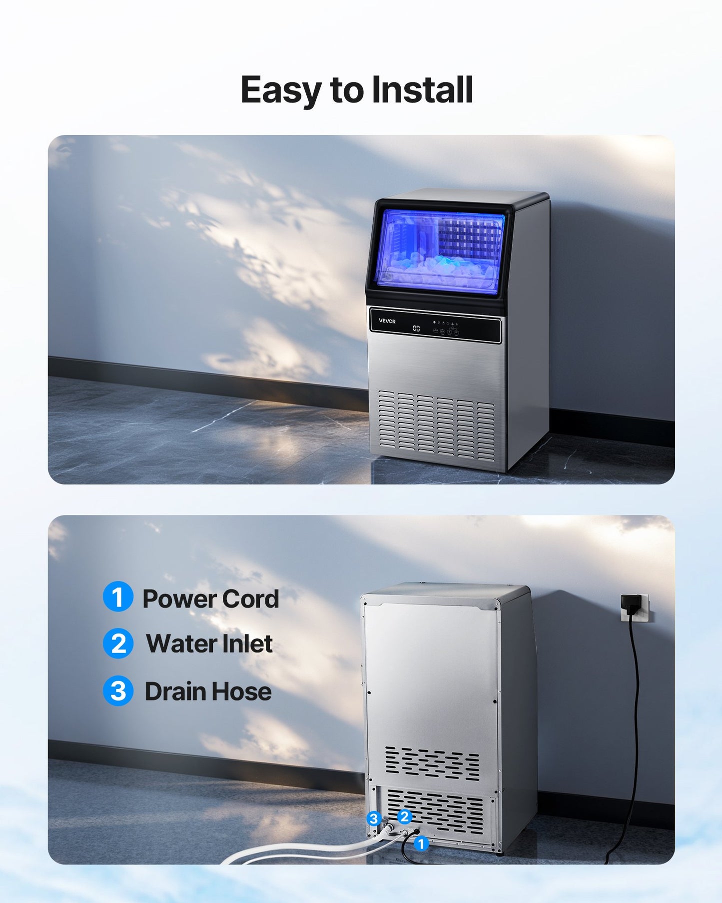 Commercial Ice Maker Machine with Pump, 130Lbs/24H with 33Lbs Storage, 45 Cubes per Cycle, Freestanding & Under Counter Ice Maker with LED Display & Self-Cleaning, for Home Bar Restaurant