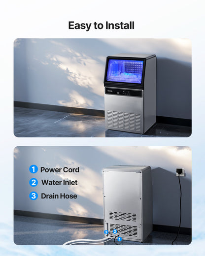 Commercial Ice Maker Machine with Pump, 130Lbs/24H with 33Lbs Storage, 45 Cubes per Cycle, Freestanding & Under Counter Ice Maker with LED Display & Self-Cleaning, for Home Bar Restaurant