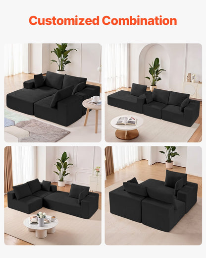 Modular Sectional Sofa, L Shaped Modular Sofa with Chaise, Cloud Sectional Couch with High Rebound Sponge and Density, Upholstered Corduroy Couch with Cushion for Living Room, Bedroom, Black