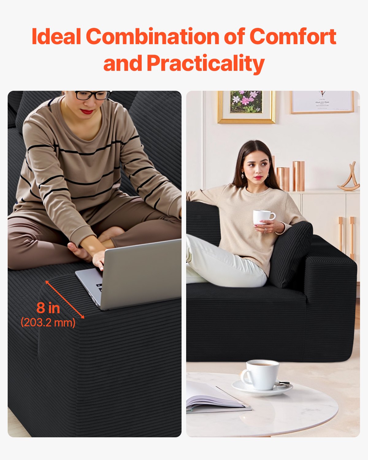 Modular Sectional Sofa, L Shaped Modular Sofa Deep Seat, Cloud Sectional Couch with High Rebound Sponge and Density, Upholstered Corduroy Couch with Cushion for Living Room, Bedroom, Black