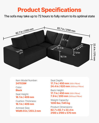 Modular Sectional Sofa, L Shaped Modular Sofa Deep Seat, Cloud Sectional Couch with High Rebound Sponge and Density, Upholstered Corduroy Couch with Cushion for Living Room, Bedroom, Black