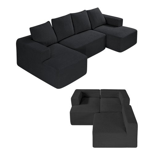 Modular Sectional Sofa, U Shaped Modular Sofa with Chaise, Cloud Sectional Couch with High Rebound Sponge and Density, Upholstered Corduroy Couch with Cushion for Living Room, Bedroom, Black