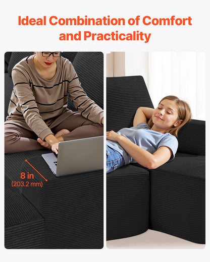 Modular Sectional Sofa, U Shaped Modular Sofa with Chaise, Cloud Sectional Couch with High Rebound Sponge and Density, Upholstered Corduroy Couch with Cushion for Living Room, Bedroom, Black