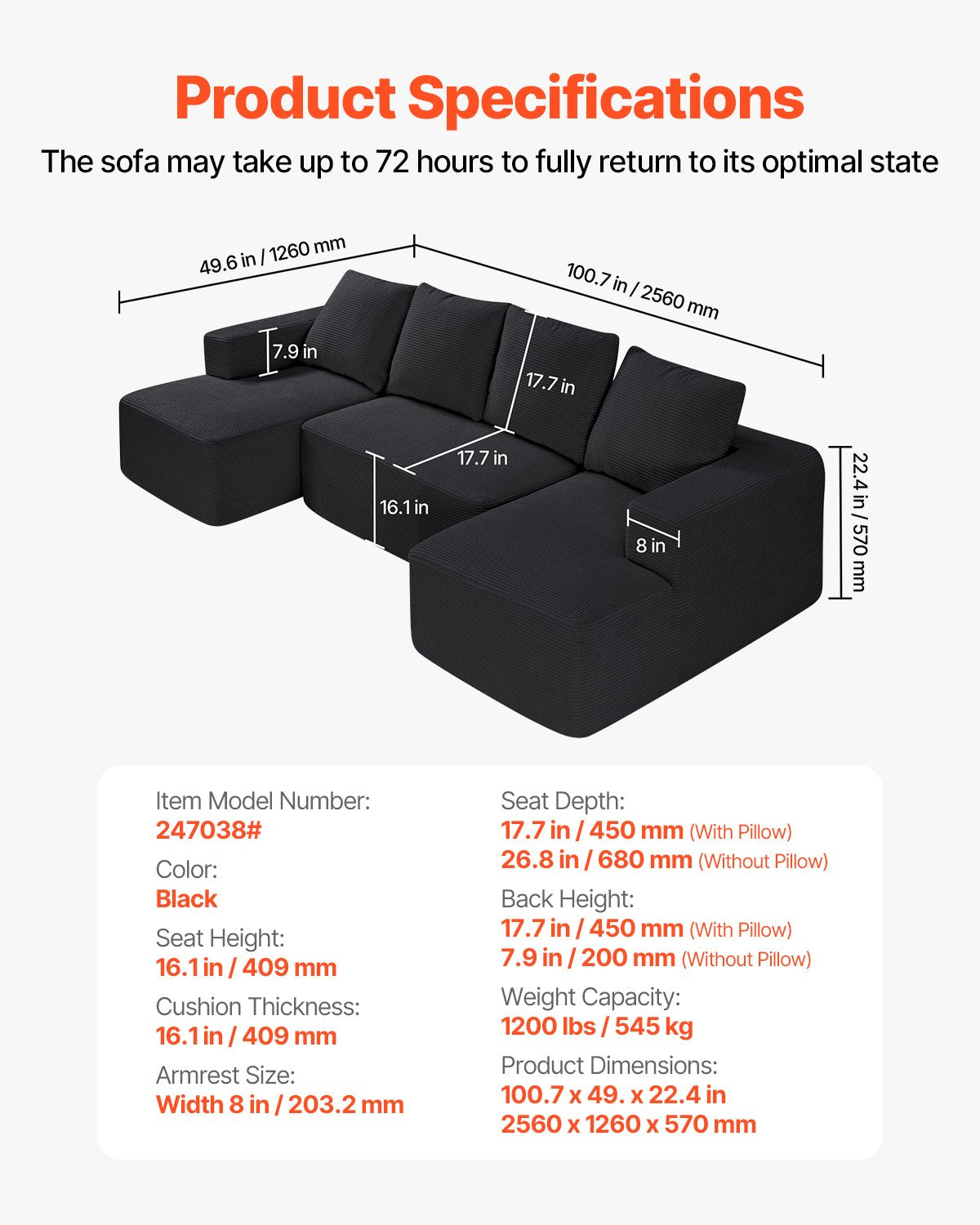 Modular Sectional Sofa, U Shaped Modular Sofa with Chaise, Cloud Sectional Couch with High Rebound Sponge and Density, Upholstered Corduroy Couch with Cushion for Living Room, Bedroom, Black