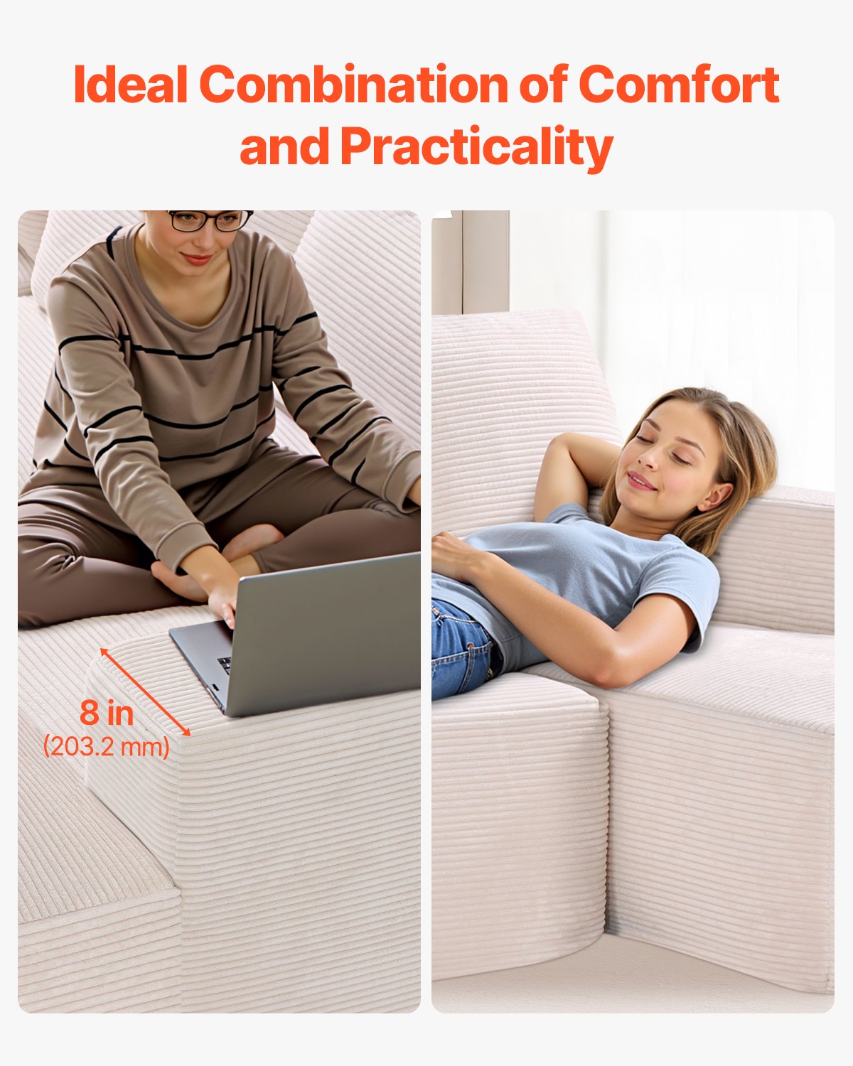 Modular Sectional Sofa, U Shaped Modular Sofa with Chaise, Cloud Sectional Couch with High Rebound Sponge and Density, Upholstered Corduroy Couch with Cushion for Living Room, Bedroom, Beige