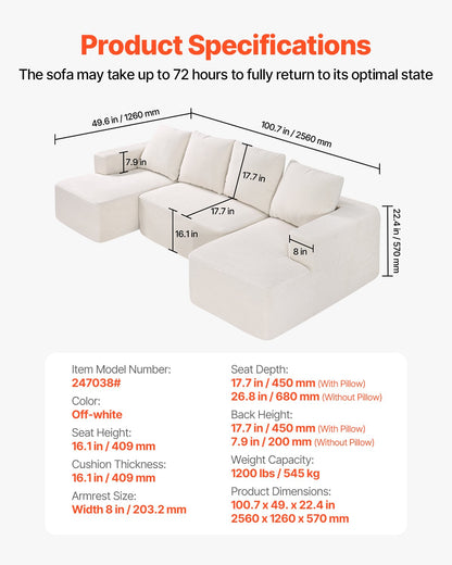 Modular Sectional Sofa, U Shaped Modular Sofa with Chaise, Cloud Sectional Couch with High Rebound Sponge and Density, Upholstered Corduroy Couch with Cushion for Living Room, Bedroom, Beige