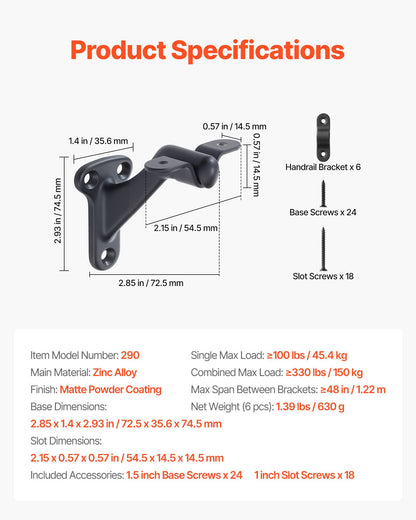 Handrail Hardware Bracket, 6 Packs Heavy Duty Hand Rail Brackets, Flexible Angle Adjustment & Easy Install, Stair Railing Hardware for Stairways Handrail, Staircase,Matte Black