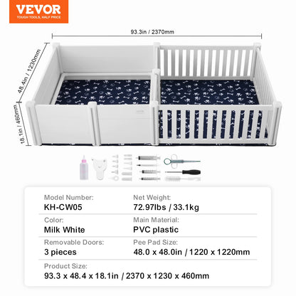Dog Whelping Box, 93.3 x 48.4 x 18.1in Dual Zone Whelping Box for Dogs and Puppies, Whelping Pen for Puppies, Dog Birthing Box with Rails, 2 Washable Pee Pads and 2 Storage Bags, White