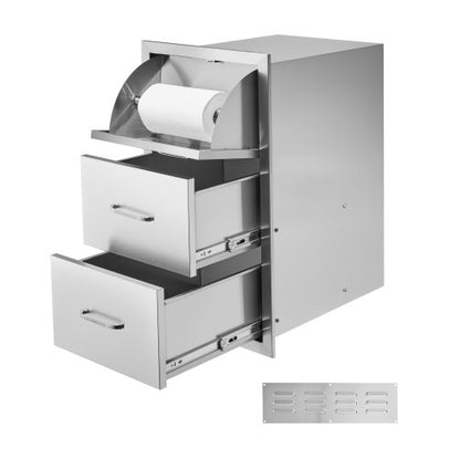 Outdoor Kitchen Drawers, 16.5"W x 29"H x 20.5"D Triple Access Drawers, Stainless Steel Flush Mount Cabinets, BBQ Island Drawers Storage with Paper Towel Holder & Handle, for Patio Grill Station