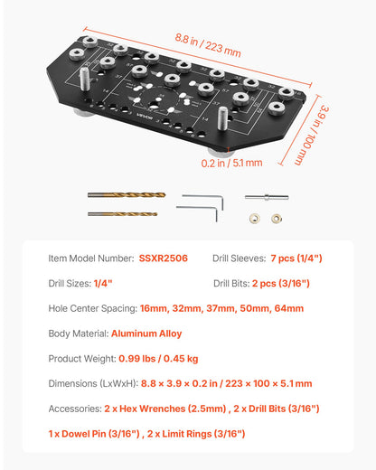 Shelf Pin Jig and Hinge Jig Two-in-One, Aluminum Alloy Cabinet Hardware Hole Drilling Template with 1/4" and 3/16" Drill Bits, for Cabinet Doors Bookshelves Wardrobes Woodworking and DIY