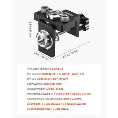 Dowel Jig Set Self-Centering Dowel Drill Jig 3 Drill Woodworking