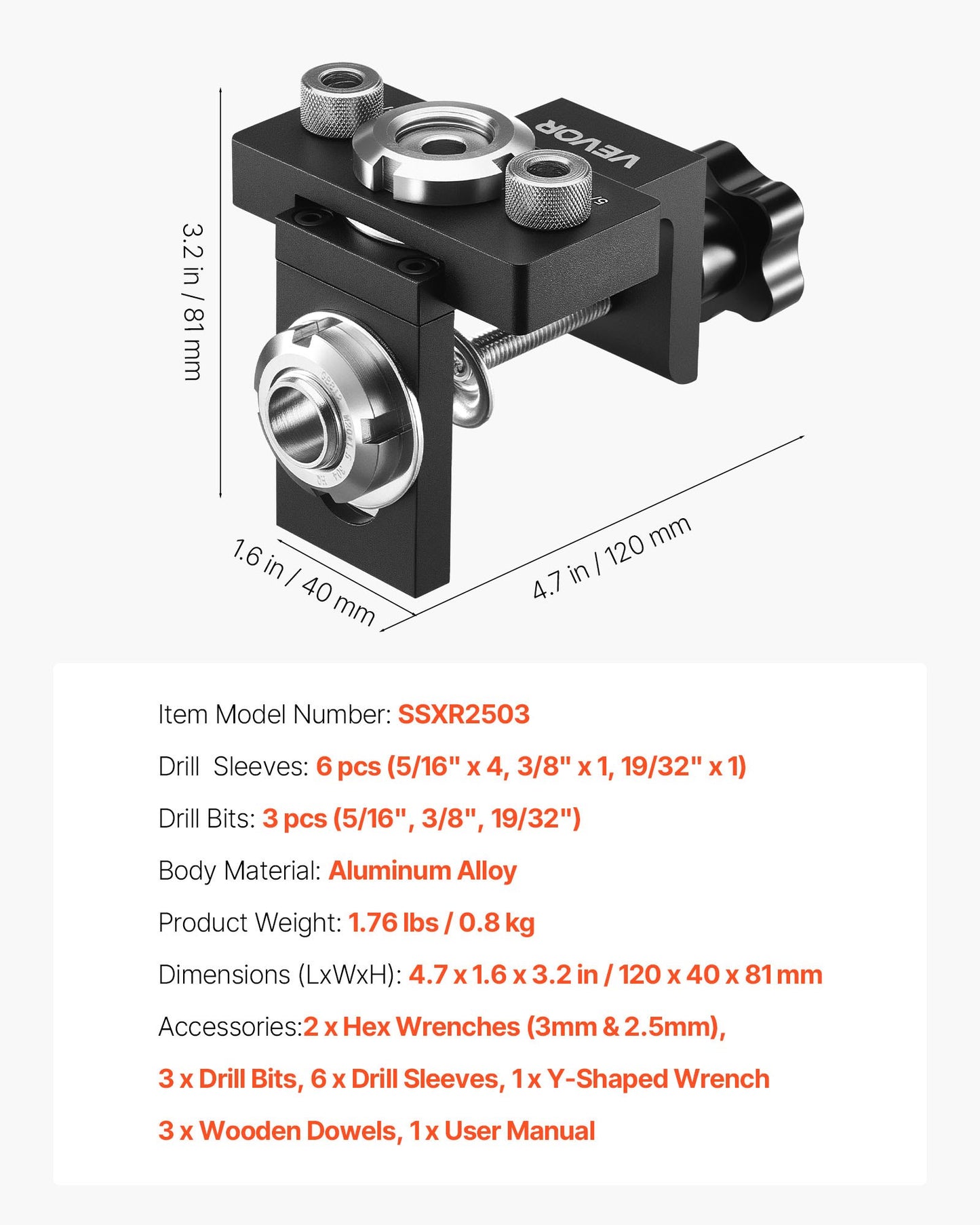 Doweling Jig Kit, Self Centering Dowel Drill Jig for Straight Holes, Aluminum Alloy Woodworking Joints Tool with 3 Size Drill Bits 5/16", 3/8", and 19/32", Adjustable Width, for Wood Working