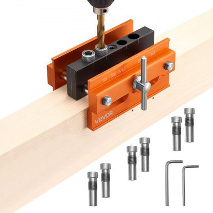Doweling Jig Kit, Self Centering Dowel Drill Jig for Straight Holes, Aluminum Alloy Woodworking Tools with 6 Drill Guide Bushings, Adjustable Width, for Wood Working, Drilling and Marking