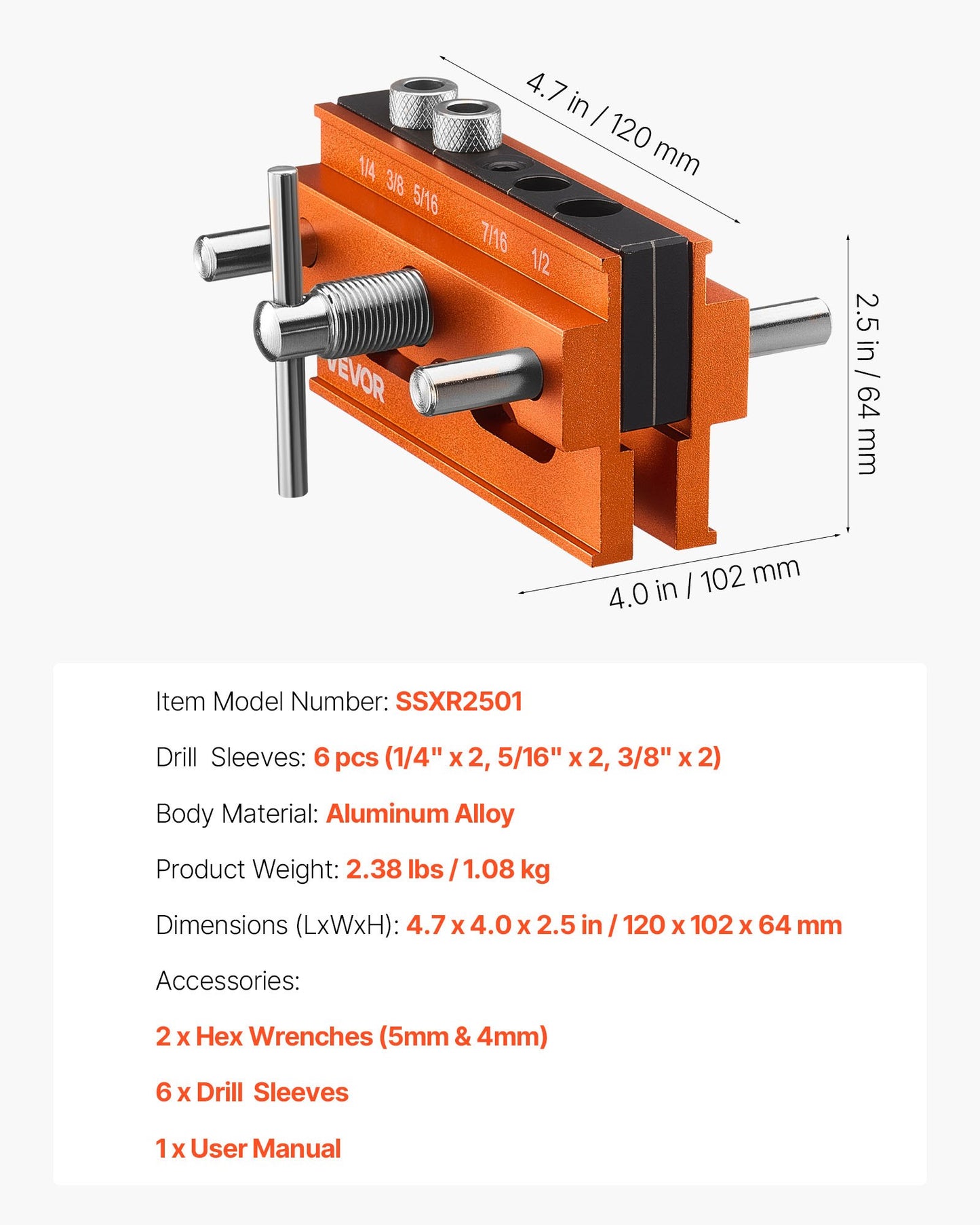 Doweling Jig Kit, Self Centering Dowel Drill Jig for Straight Holes, Aluminum Alloy Woodworking Tools with 6 Drill Guide Bushings, Adjustable Width, for Wood Working, Drilling and Marking