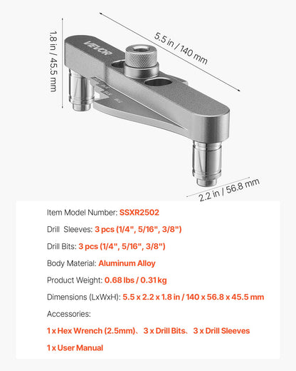 Doweling Jig Kit, Self Centering Dowel Drill Jig for Straight Holes, with Drill Bit Set 1/4", 5/16", 3/8" and Drill Bit Stop Collar Set, Aluminum Alloy Woodworking Tools for Drilling, Marking