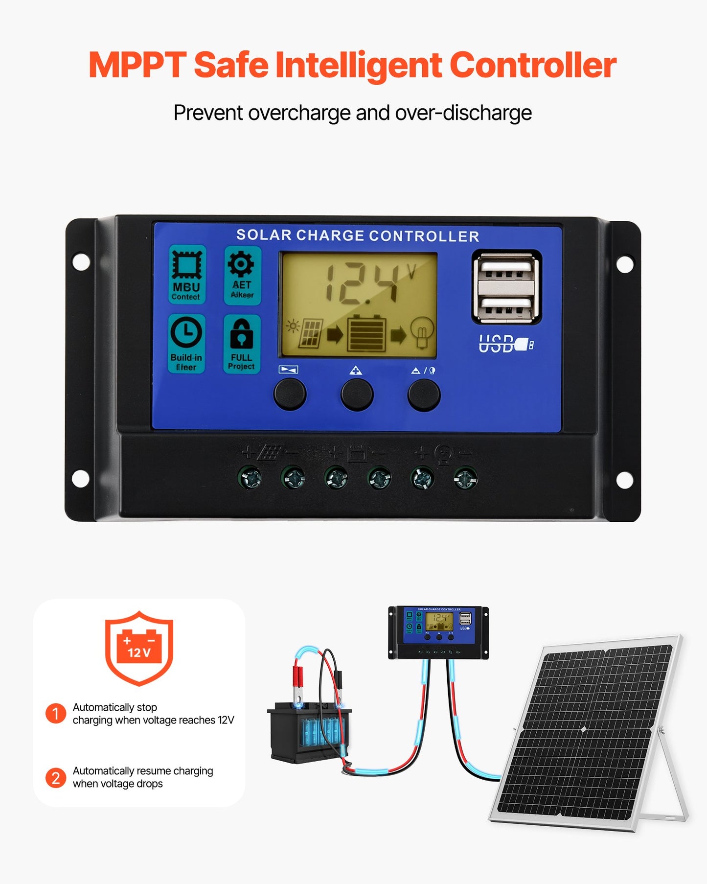 30W 12V Solar Panel Battery Charger, Solar Battery Trickle Charger Maintainer with Intelligent MPPT Controller & Adjustable Mount Bracket, IP67 Waterproof for Car Boat RV Motorcycle Trailer