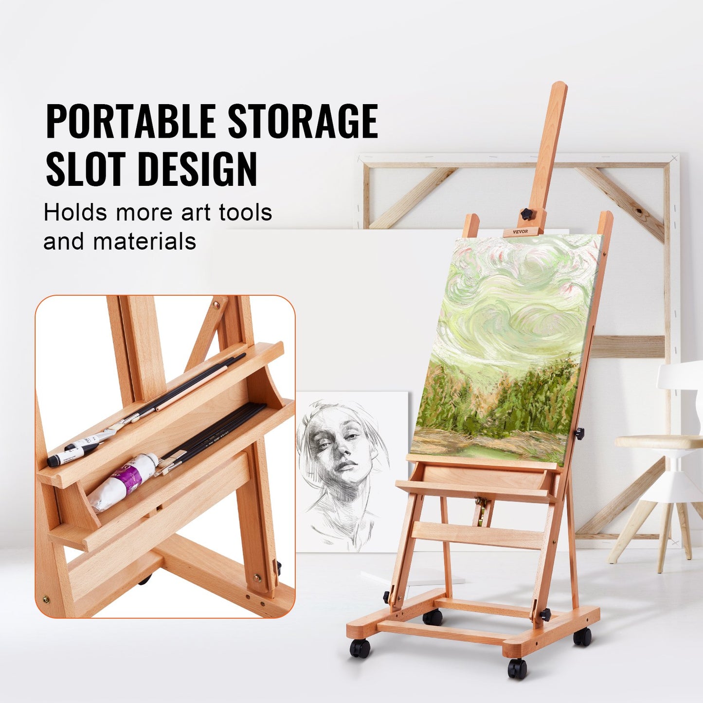 Studio H-Frame Easel, Holds Canvas Art up to 48", Beechwood Artists Easel for Painting with Wheels and Large Storage Tray, 33 lbs Load Capacity Studio Easel, Adjustable Art Painting Easel