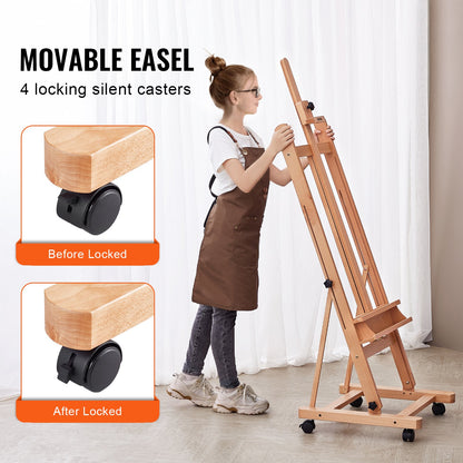 Studio H-Frame Easel, Holds Canvas Art up to 48", Beechwood Artists Easel for Painting with Wheels and Large Storage Tray, 33 lbs Load Capacity Studio Easel, Adjustable Art Painting Easel