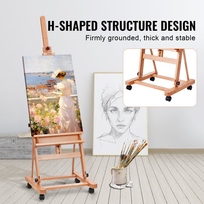 Studio H-Frame Easel, Holds Canvas Art up to 48", Beechwood Artists Easel for Painting with Wheels and Large Storage Tray, 33 lbs Load Capacity Studio Easel, Adjustable Art Painting Easel