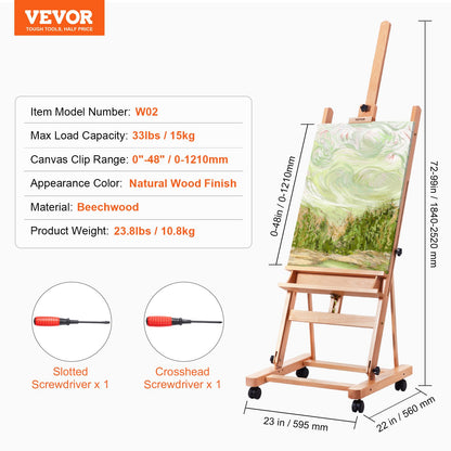 Studio H-Frame Easel, Holds Canvas Art up to 48", Beechwood Artists Easel for Painting with Wheels and Large Storage Tray, 33 lbs Load Capacity Studio Easel, Adjustable Art Painting Easel