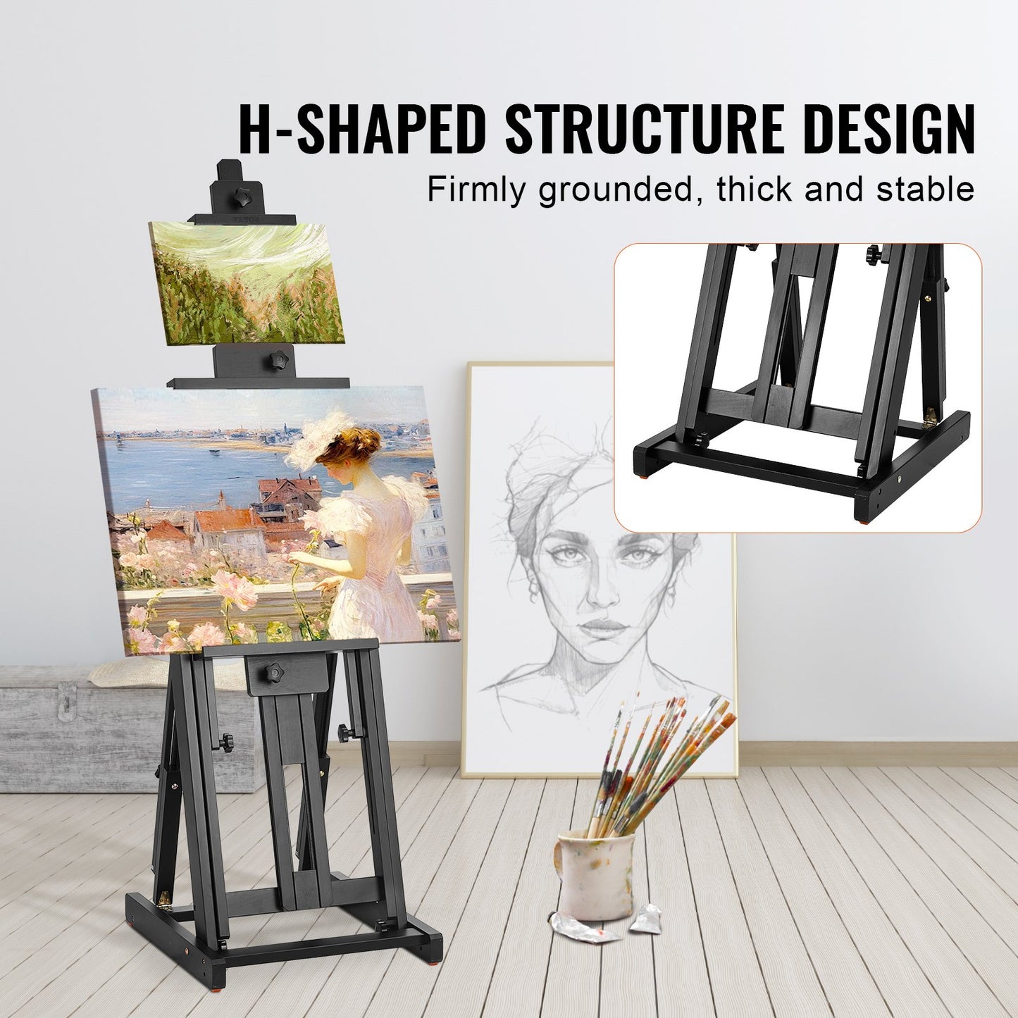 Studio H-Frame staffli rymmer canvaskonst upp till 77" Beechwood Artists-easel