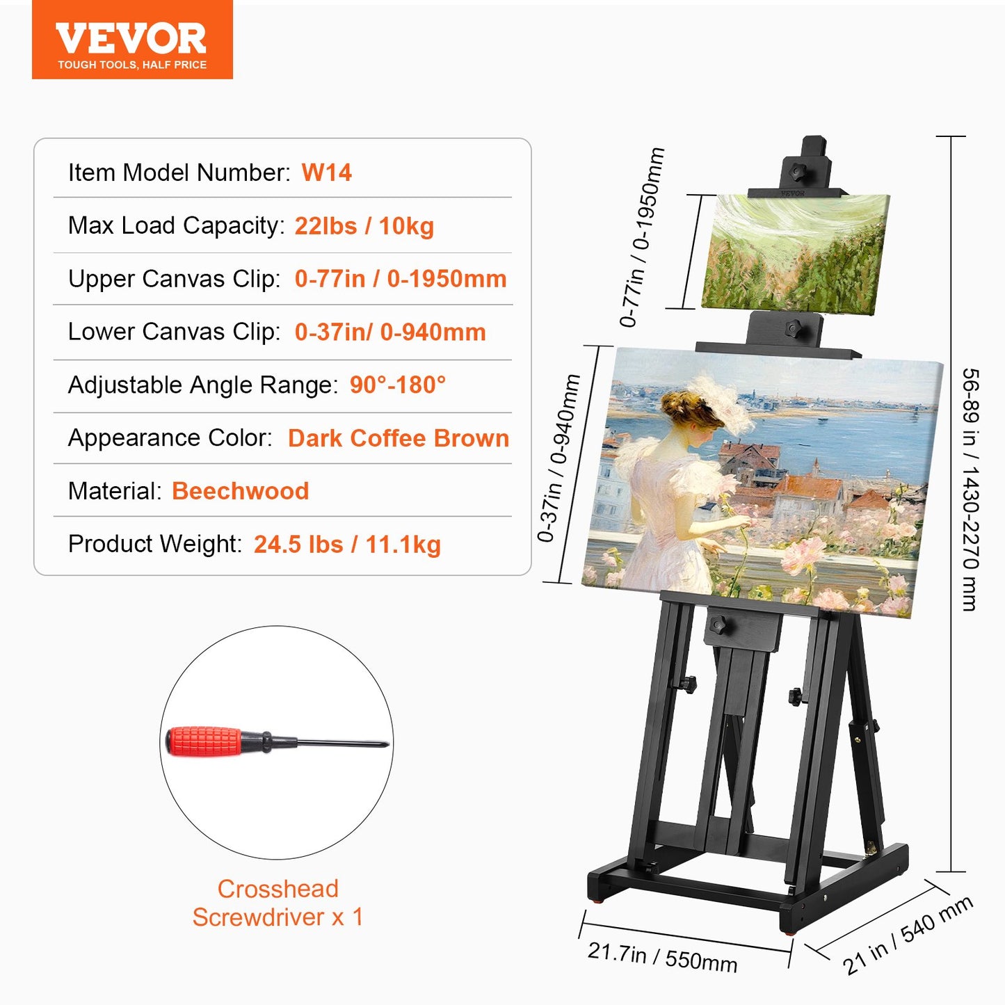 Studio H-Frame staffli rymmer canvaskonst upp till 77" Beechwood Artists-easel