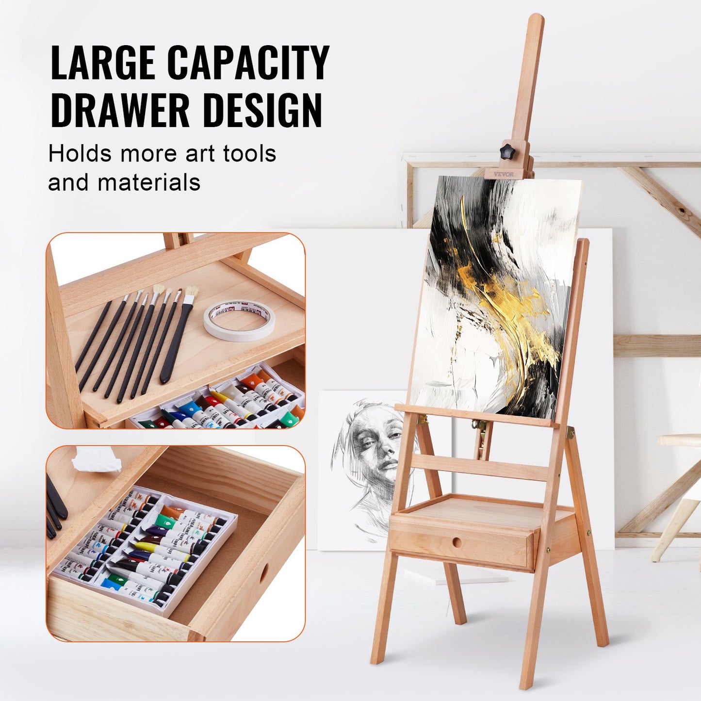 Studio H-Frame staffli rymmer canvaskonst upp till 36" Beechwood Artists-easel