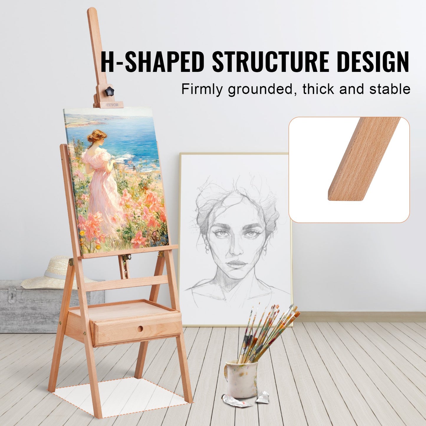 Studio H-Frame staffli rymmer canvaskonst upp till 36" Beechwood Artists-easel