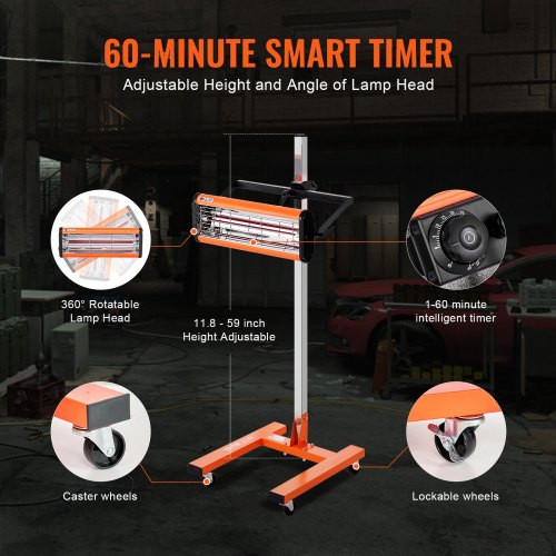 infraröd härdningslampa, 1500W 1–60 min timer, automatisk uppvärmning av bilhärdningslampa med fäste, 3,44 kvm bakyta, sprayvärmare för bakning, färgtork för reparation på plats, motortorkning |  EU