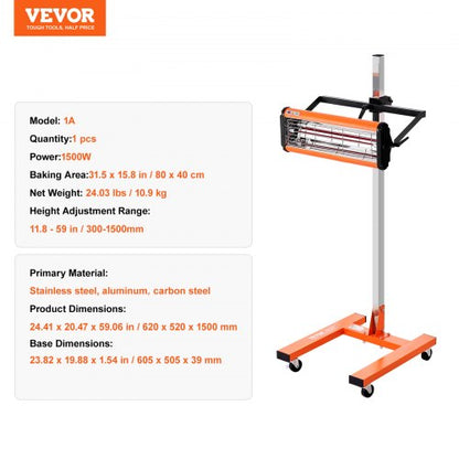 infraröd härdningslampa, 1500W 1–60 min timer, automatisk uppvärmning av bilhärdningslampa med fäste, 3,44 kvm bakyta, sprayvärmare för bakning, färgtork för reparation på plats, motortorkning |  EU